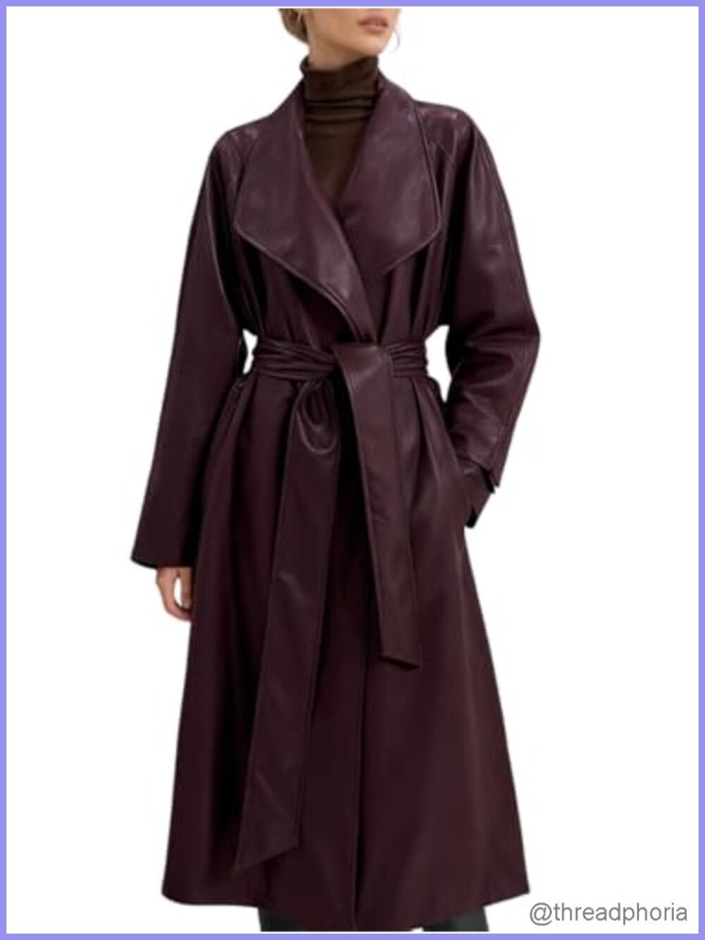Faux Leather Trench Coat Belted Long Lapel Women's Overcoat